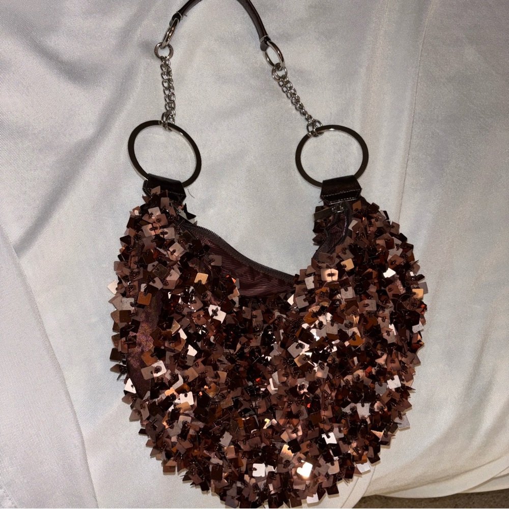 Y2K brown Sequin Embellished Shoulder purse crescent slouchy metal handles